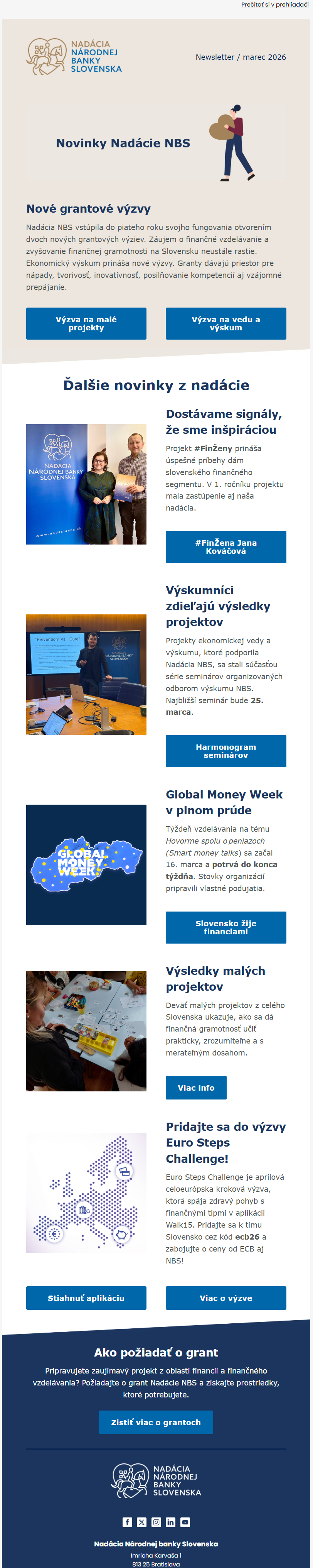 Screenshot newslettra Nadácia NBS - marec 2026