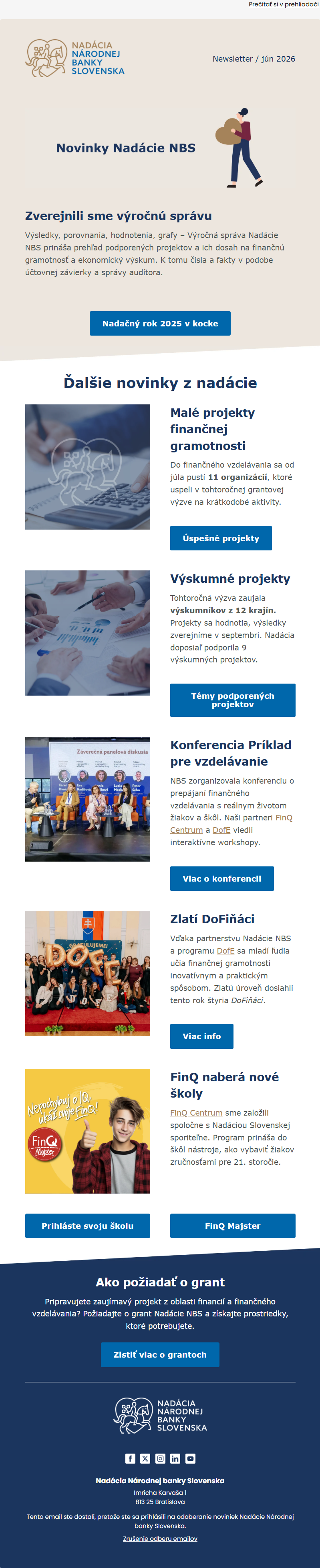 Screenshot newslettra Nadácia NBS - jún 2026