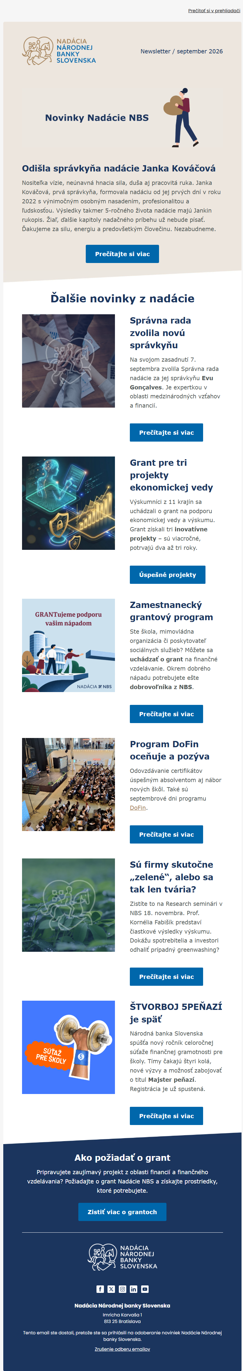 Screenshot newslettra Nadácia NBS - september 2026